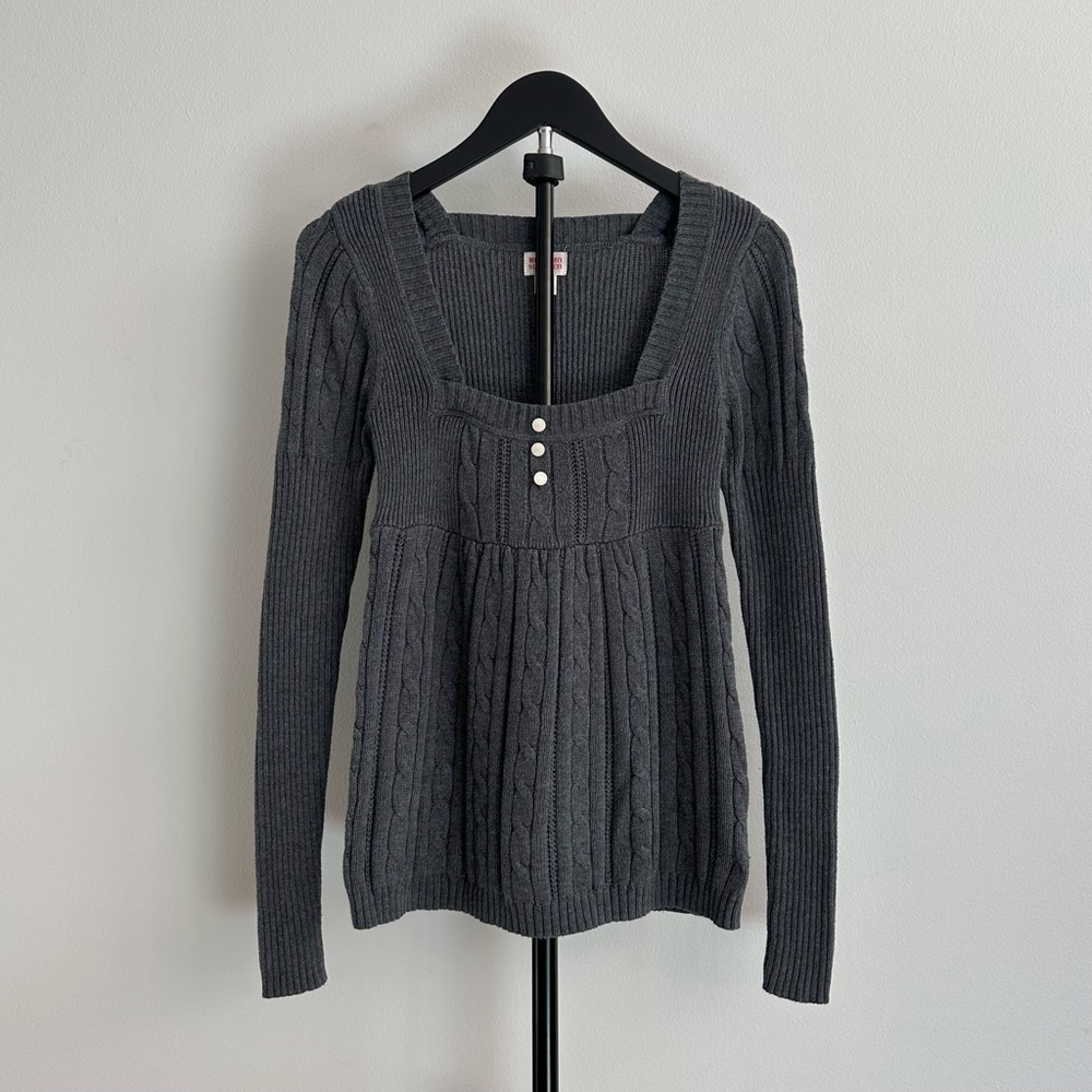 Vintage Y2K Mossimo Gray Angora Blend Babydoll Square Neck Henley Sweater Size M
